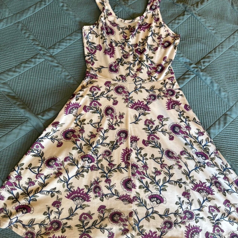 Huhot purple floral dress with green stems on cream background, size S